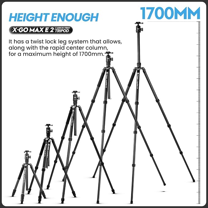 Fotopro 68" Carbon Fiber Travel Tripod, Heavy Duty Camera Tripod with Ball Head, Detachable Monopod with Quick Release Plate and Bag, Load up to 12KG/26lbs - Image 4