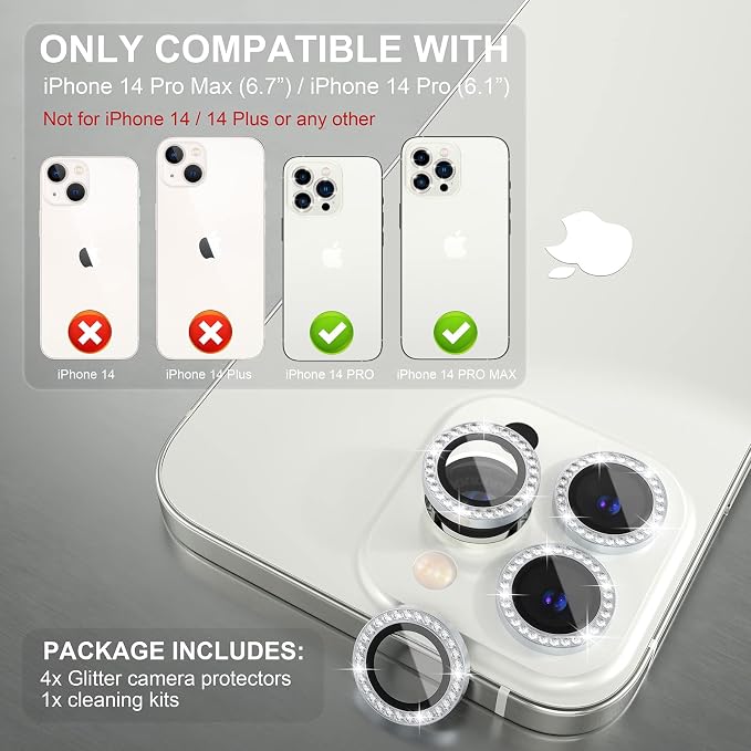Choiche for iPhone 14 Pro/iPhone 14 Pro Max Camera Lens Protector | Ultra HD, Bling 9H Tempered Glass Camera Cover Screen Protector Metal Ring Decoration Accessories (Diamond-Silver) - Image 2