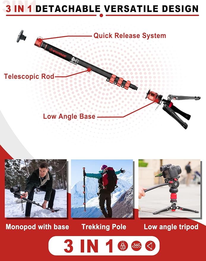 IFOOTAGE Cobra 3 C180F-P+K5S Carbon Fiber Camera Monopod 71" | Travel Monopod with Feet, 1/4" & 3/8" Quick Release Compatible with Sony Canon Nikon DSLR Camera, Payload 17.6lb - Image 8