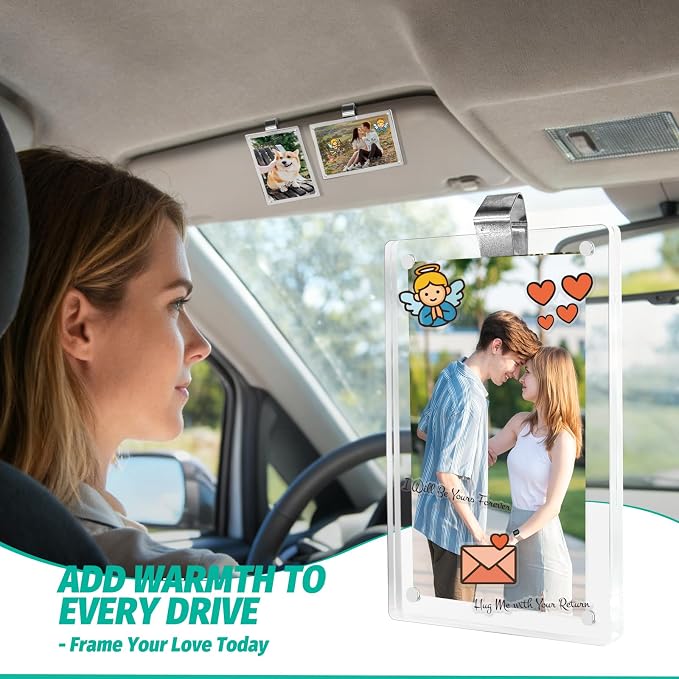2Pcs Car Picture Holder for Sun Visor,Clear Acrylic & Strong Magnetic Car Visor Photo Clip with Safe Driving &Guardian Icons Stickers, Cute Car Accessories,Gift for Family & Friends (2.4x3.5) - Image 2