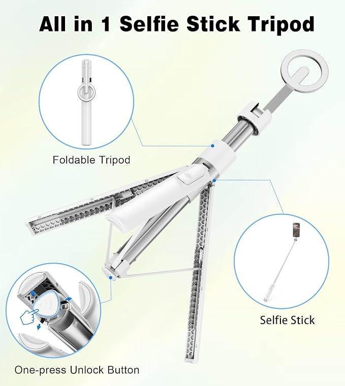 TONEOF 68" Magnetic Aluminum Phone Tripod Selfie Stick for iPhone & Android | Rechargeable Remote,360° Rotatable Foldable Cell Phone Stand Holder with Metal Ring,Travel Tripod for Magsafe (White) - Image 7