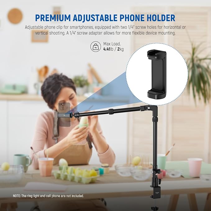 NEEWER 45.5" Overhead Camera Desk Stand, Aluminum 4 Section Magic Mic Boom Arm with C Clamp Mount Holder, for Webcam LED Light Microphone Streaming Zoom Video Recording, Max Load 4.41lb, DS023 - Image 4