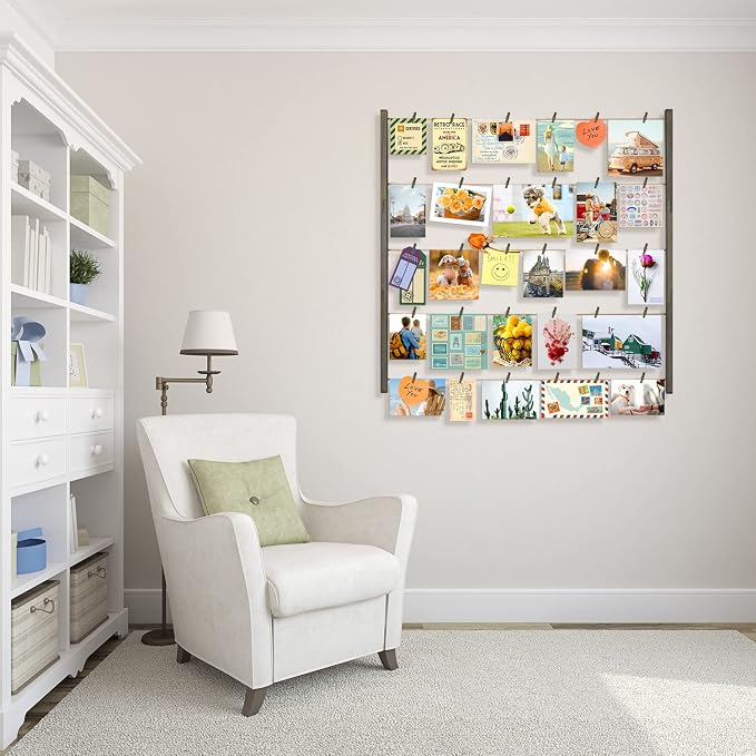 Love-KANKEI Wood Picture Frames Collage Wall Decor Display,30 Clips,26"×29" | 5 Adjustable Twines,Display Photos,Postcards,Art Prints,For Bedroom,Living Room,Offices,Dorm,Gallery,Gift,Weathered Grey - Image 4