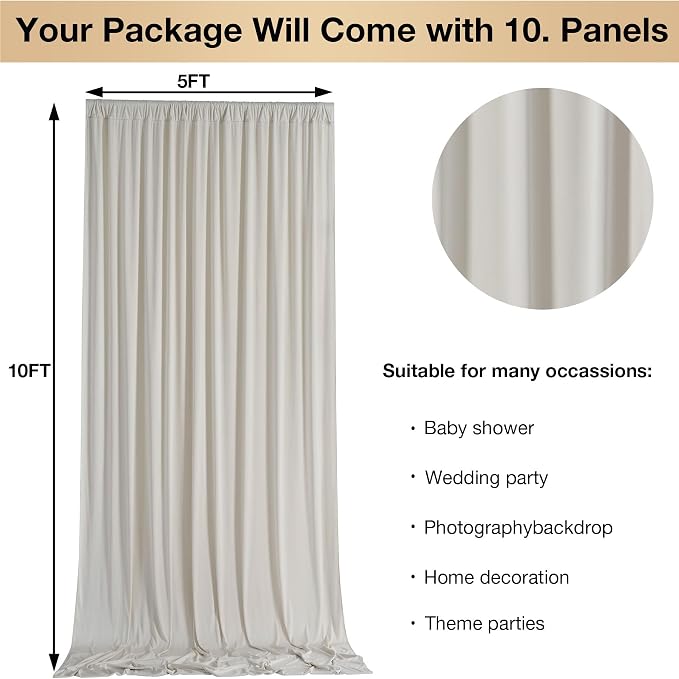 50ftx10ft Wrinkle Free Beige Backdrop Curtains for Parties, Silky Polyester Photo Backdrop Drapes 10 Panels 5x10ft Back Drop Cloth for Wedding Birthday Baby Shower Photography Background - Image 5