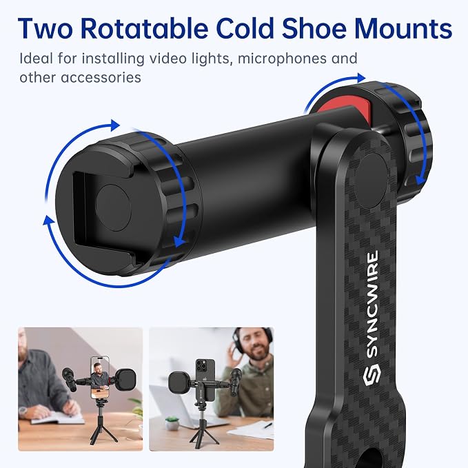 SYNCWIRE Tripod Phone Mount, Universal Smartphone Mount Adapter with 2 Cold Shoe and 1/4" Screw, 360° Rotates and 180° Tilts Adjustable Cell Phone Clamp Holder for Enhancing Mobile Photography Setup - Image 2