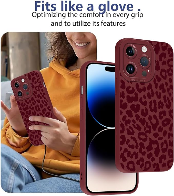 Cute Burgundy Cheetah Print Phone Case for iPhone 14 Pro 6.1" | Aesthetic Leopard Pattern Design Cover Full Camera Lens Protective Shockproof Soft Slim TPU Funda for Women Girls - Image 7