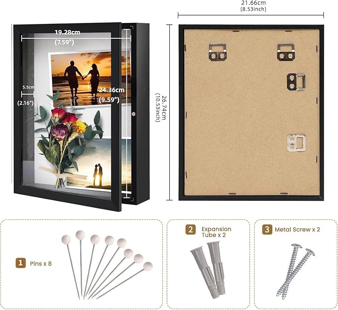 Muzilife 8x10 Shadow Box Wood Picture Frame, 2.16 Deep, Real Glass, Black | FSC-Wood, Magnetic Door, Linen Interior & Pins, Vertical, Horizontal Wall Hanging, Display Case Frame for Photos & Keepsakes - Image 2