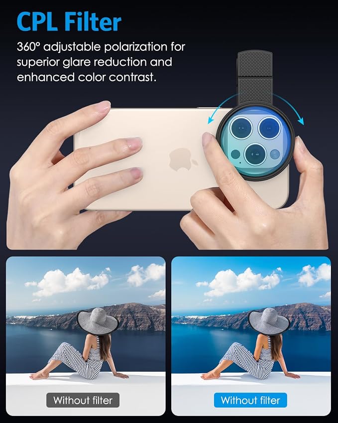 AMIR 52MM Clip-on CPL Phone Camera Lens Filter, Circular Polarizer Filter, Phone Lens Filter Kit Compatible with iPhone 17 16 15 14 13 12, Google Pixel and Other Android Smart Phones - Image 2