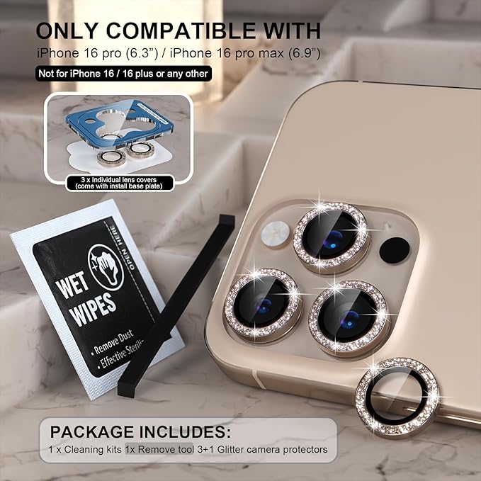 Choiche for iPhone 16 Pro/iPhone 16 Pro Max Camera Lens Protector | Ultra HD, Bling 9H Tempered Glass Camera Cover Screen Protector Metal Ring Decoration Accessories (Glitter-Titanium Desert) - Image 2