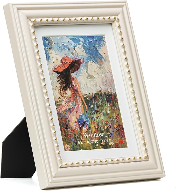 5x7 Picture Frame in Beige with Classic Gold Beaded Border, Solid Wood with Real Glass, Display 5x7 Photos Matted to 4x6, Vertical and Horizontal Desk Tabletop or Wall Hanging - Image 2