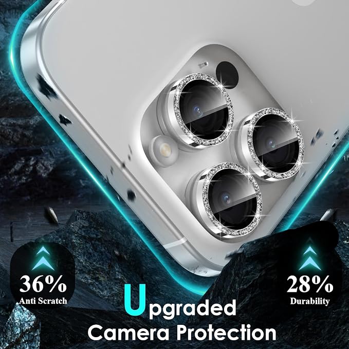YWXTW Designed for iPhone 15 Pro/iPhone 15 Pro Max Camera Lens Protector Bling, [New Glitter Design] Individual Metal Tempered Glass Camera Cover Accessories Case Friendly (Silver Titanium Glitter) - Image 3