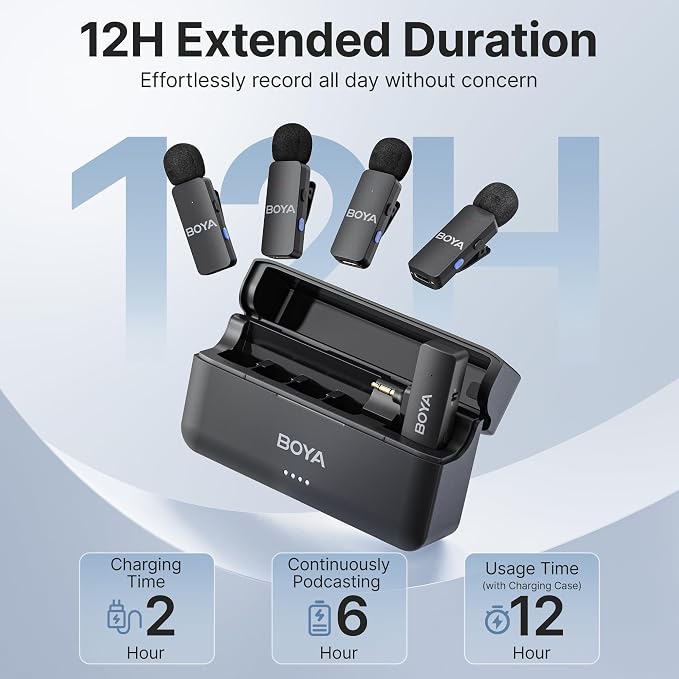 BOYA BY-V4 Wireless Microphones for Cameras DSLR Camcorder with Charging case, 12H Battery Life, 650ft Range, 4-Channel Omnidirectional Noise Canceling Lavalier Mic for Live Streaming Vlog - Image 2