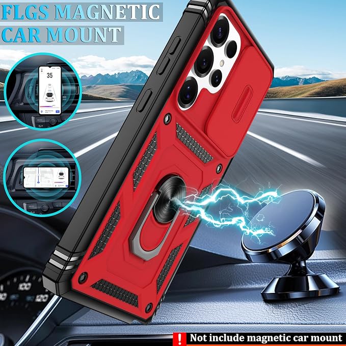 Gritup Fit for Samsung Galaxy S25 Ultra Case with Slide Camera Cover | 2 Pcs Screen Protector, Build in 360° Rotating Ring Kickstand, Military Grade Protective Phone Case, Red+Black - Image 6