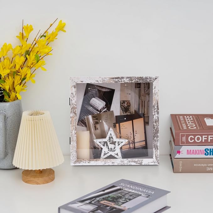 Muzilife 11x11 Shadow Box Picture Frame, 2.16 Deep, Real Glass, Rustic White - Image 2