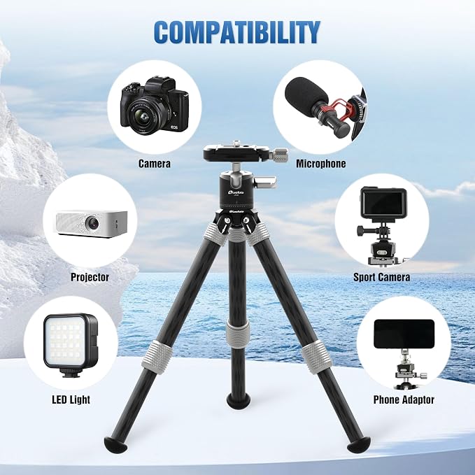 LEOFOTO Carbon Fiber Mini Table Tripod with Ball Head for Camera, Lightweight Desktop Tripod with Base, 1/4" Arca QR Plate for Phone Adaptor/Projector, Max Height 10.43", Max Load 11LB, MT-02C Plus - Image 5