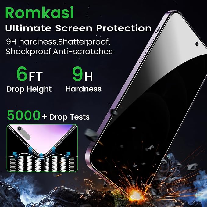 Romkasi 3 Pack Privacy Screen Protector for iPhone 14 Pro Max 6.7 Inch with 3 Pack Camera Lens Protector, Anti Spy Tempered Glass Film, Anti-Scratch, Touch Sensitive, Case Friendly - Image 5