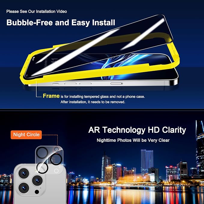 QHOHQ for iPhone 16 Pro Max Privacy Screen Protector+Camera Lens Protector | 3+3Pack Tempered Glass, Military Grade Shatterproof, 9H+ Anti Spy Glass, Full Edge Coverage, Ultra Durable, Installation Tool - Image 8