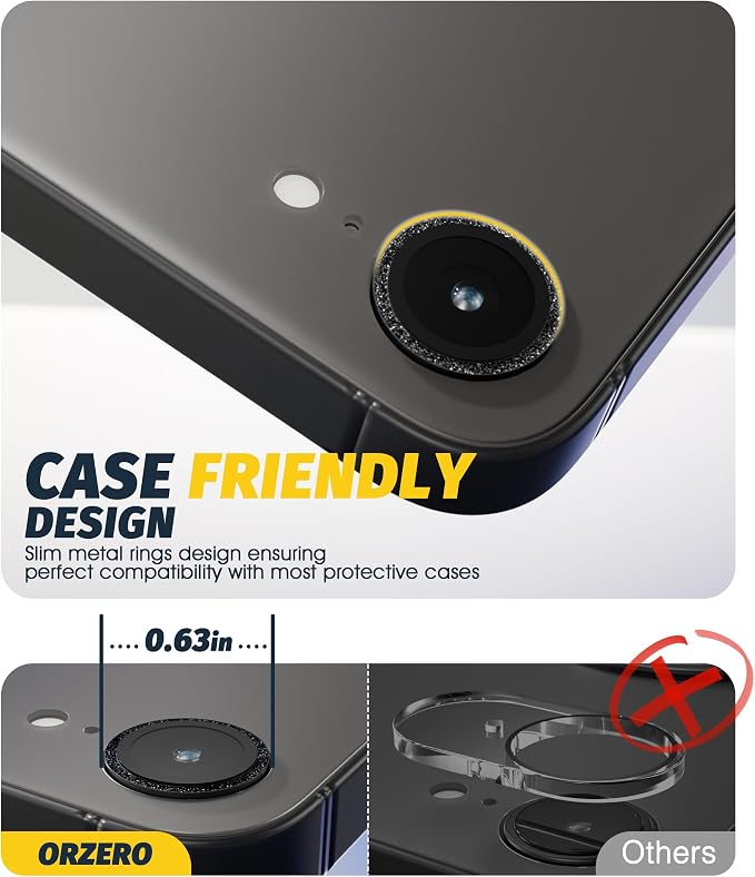 (3 Pack) Orzero Camera Lens Protector for iPhone 17e / iPhone 16e, [EZ Install] [Case-Friendly] 9H Tempered Glass Bling Lens Cover Accessories, Military-Grade Shockproof, HD Clarity Anti-Glare - Glitter Black - Image 4