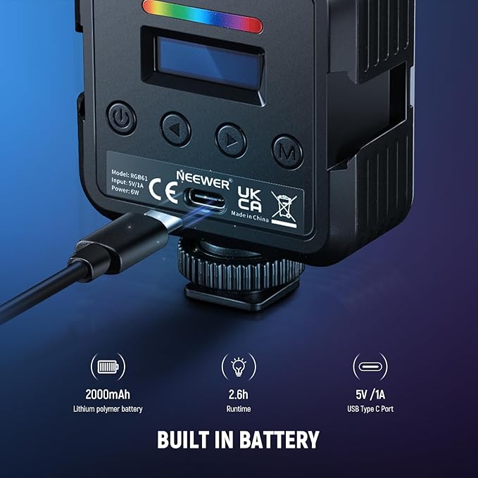 NEEWER Magnetic RGB Camera Light, 360° Full Color RGB61 Small LED Panel Video Light with 3 Cold Shoe Mounts/CRI 97+/20 Scene Modes/2500K-8500K/2000mAh Portable Recording Photography Selfie Lighting - Image 6