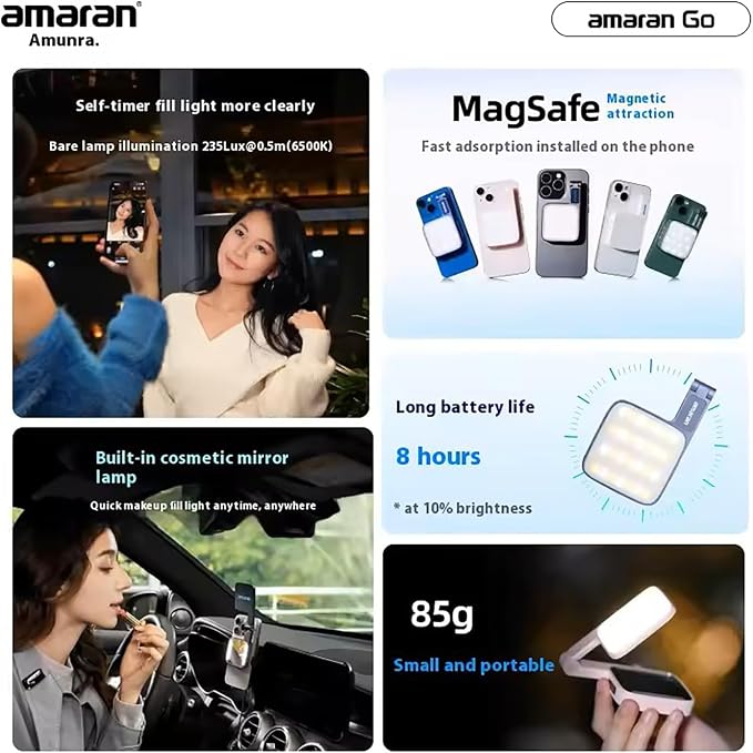 Amaran Go Magnetic Selfie Phone Light,Dual LED Light Source (Blue) | with Adjustable Mirror Light CCT 2700K-6500K,Rechargeable for Selfie,Makeup,Video Conference,TikTok,for iPhone & Android - Image 2