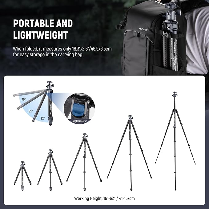 NEEWER LITETRIP LT34 62" Travel Tripod Carbon Fiber with Removable 360° Panorama Head, Center Axis, Fast Flip Buckle, Arca QR Plate Compatible with PD, Max Load 22lb/10kg - Image 5