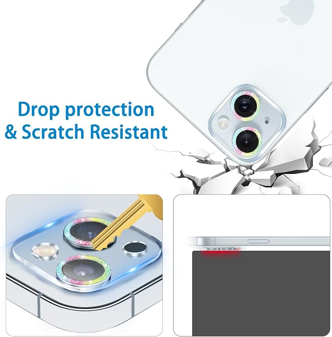 Dengduoduo 3 Pack Tempered Glass Camera Lens Protector for iPhone 15 6.1" & for iPhone 15 Plus 6.7", Bling Glitter, Ultra HD, 9H Hardness, Anti-Scratch, Case Friendly, Easy to Install - Image 5