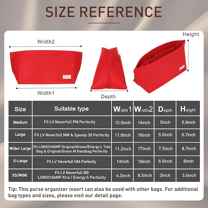 Doxo Purse Organizer Insert for Handbags & Base Shaper 2pc Set, Felt Neverfull PM Organizer Insert, Tote Bag Organizer with Zipper Pocket and Bottle Holder, Fit Neverfull PM and More, Red-M - Image 2