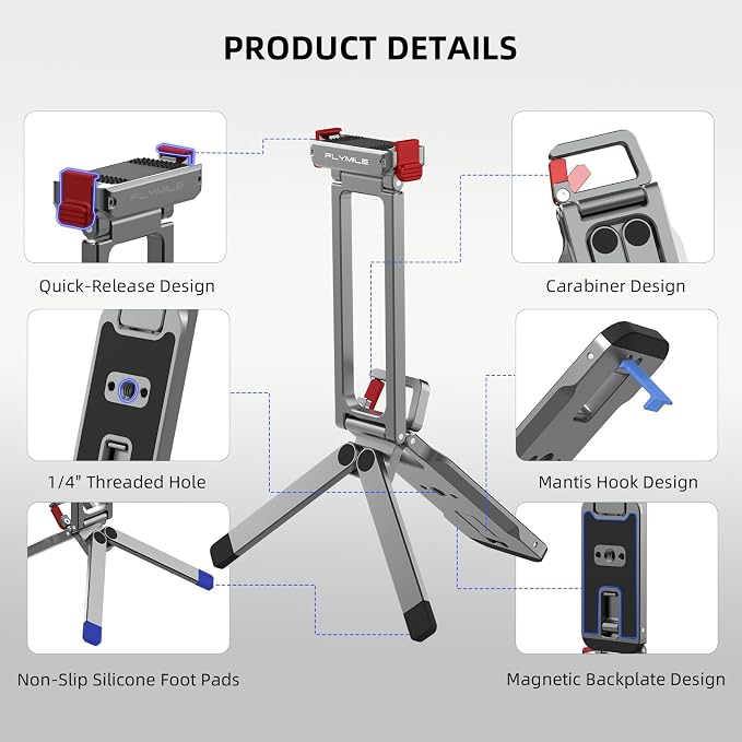 Action 6 Magnetic Quick Release Mini Tripod Stand, 180° Adjustable Aluminum Tripod Table Mount Desk Base for DJI Osmo Nano with 1/4" Screw Adapter, Arca & Foldable Hook Fits Travel Accessories - Image 8