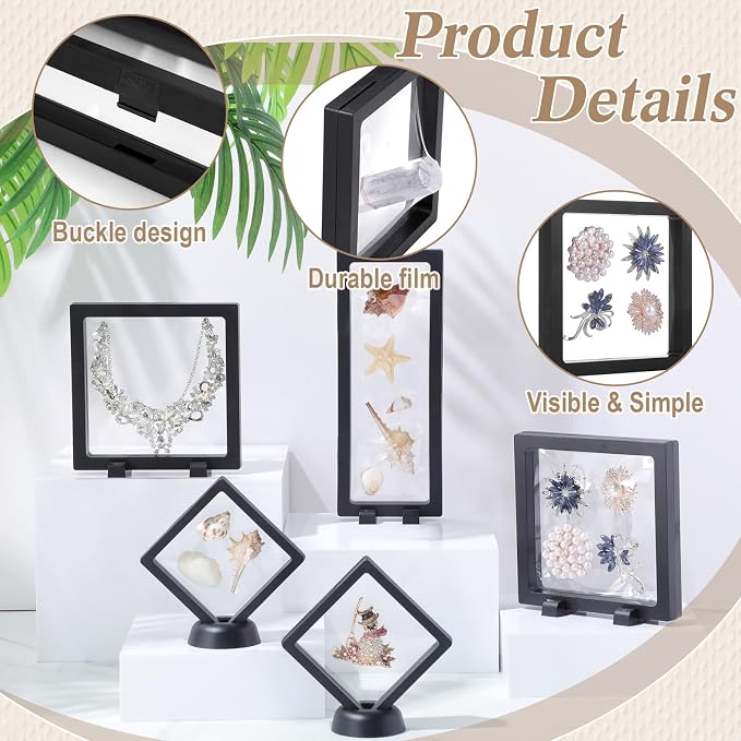 Harloon 12 Pcs 3D Floating Display Case, Black, 3 Size, Square | 3D Floating Frame for Challenge Coins, Medallions, Fossils, Gemstones, Jewelry, Collectibles Shadow Box Display Holder - Image 3