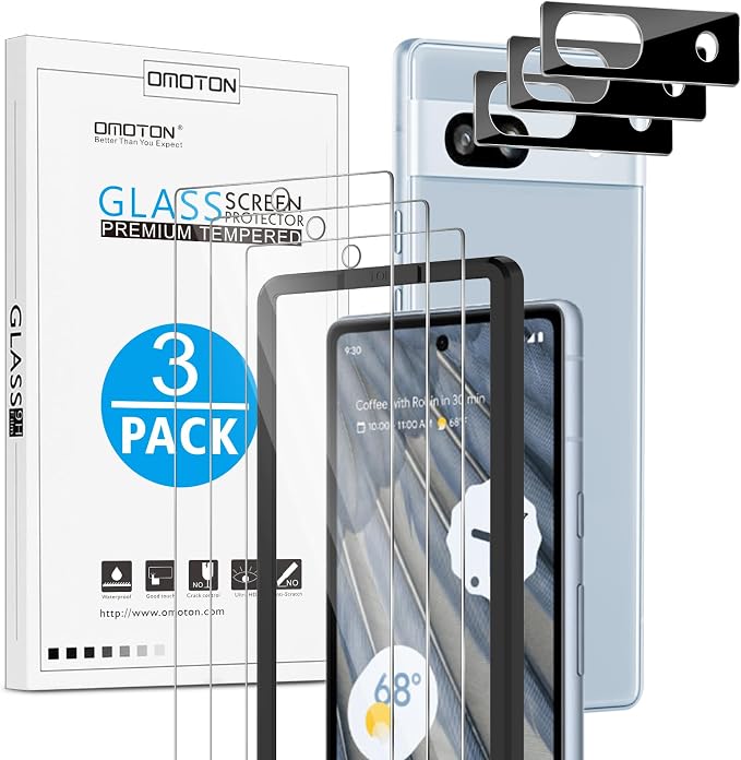 OMOTON Screen Protector for Google Pixel 7A 5G 6.1 Inch, 3 Pack | Tempered Glass & Camera Lens Protector, Alignment Frame/Anti Scratch by OMOTON