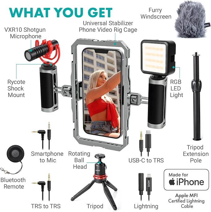 Movo iFilmer-PRO Smartphone Video Rig Kit | Stabilizer Cage, Dual Grips, VXR10 Shotgun Microphone, iPhone/Android - Image 2