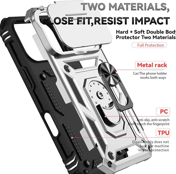 SunStory Phone Case for iPhone 17 Pro Case with HD Screen Protector & Slide Camera Cover & Rotated Ring Kickstand, [Military-Grade] Phone Case for iPhone 17 Pro, Silver - Image 8
