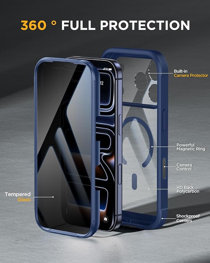 Miracase for iPhone 17 Pro Max Case with Privacy Screen Protector, Blue | Compatible with MagSafe, 360° Full Body Protection, Full Camera Protection, Military-Grade Shockproof Phone Case 6.9" - Image 3