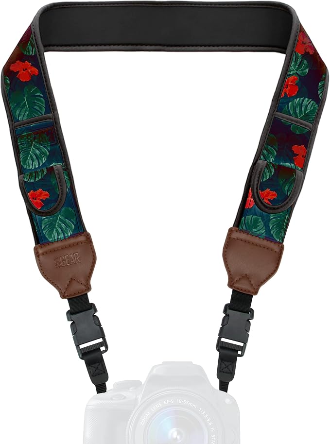 USA Gear TrueSHOT Camera Strap Neoprene Camera Straps - Padded Neck Strap, Pockets, and Quick Release Buckles - Compatible with Canon, Nikon, Sony and More DSLR and Mirrorless Cameras (Tropical) by USAGEAR