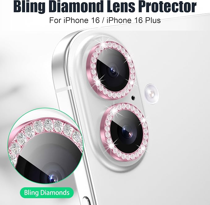 AGVEE 3+3 6 Pack for iPhone 16/16 Plus Camera Lens Protector Cover | Individual Bling Diamond & Bling Glitter Sparkle Cute Gem Metal Ring, 9H Tempered HD Glass - Image 4