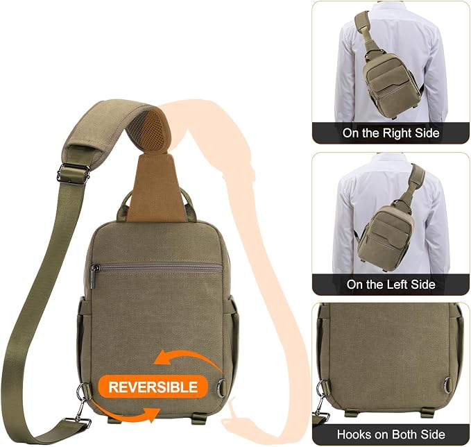 Cwatcun Large Canvas Sling Bag, Crossbody Chest Bag with Tripod Holder | Fits 1body +2lenses +9.7" iPad +6.7"phone.Waterresistant canvas with rain cover, tripod holder, adj strap 29.5-51.2". - Image 4