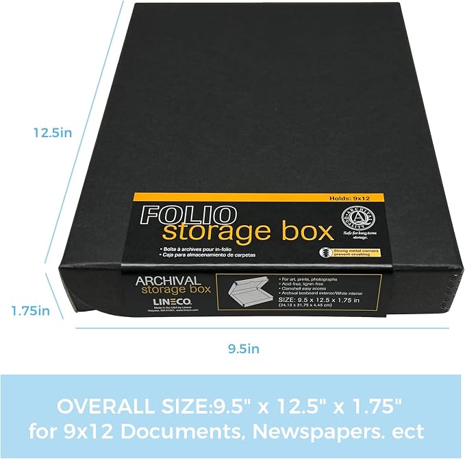 Lineco Clamshell Archival Storage Box, 9.5x12.5x1.75 Inch, Black, Pack of 2 | Acid-Free with Metal Edge Boxboard, Organize and Store Photos Documents Cards Negatives Magazine Prints Family Records DIY - Image 2