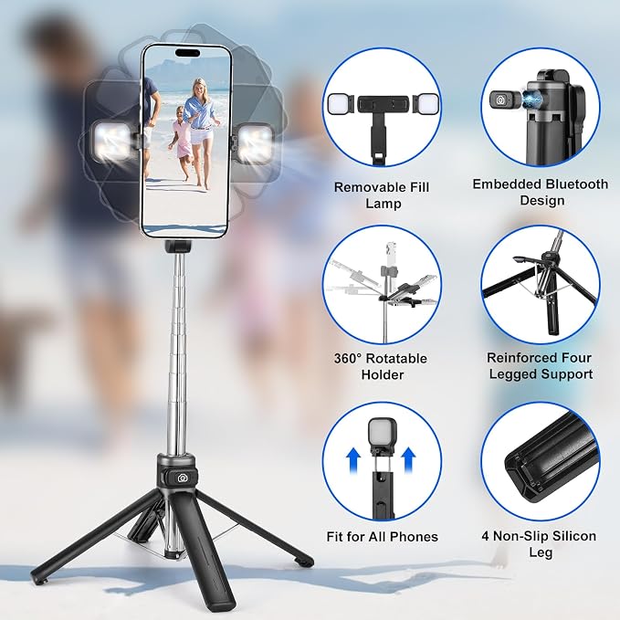 MQOUNY Mini iPhone Tripod Stand & Selfie Stick with Wireless Remote & Removable Light, Extendable Stand 360 Rotation Compatible with iPhone & Android Samsung (Black) - Image 2