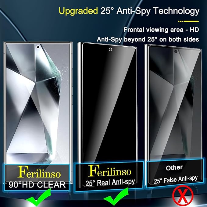 Ferilinso 3 Pack Privacy Screen Protector for Samsung Galaxy S24 Ultra | 9H+ Tempered Glass, Military-Grade Shatterproof, HD, Case Friendly, Easy Installation Bubble Free, with Camera Lens Protector - Image 2