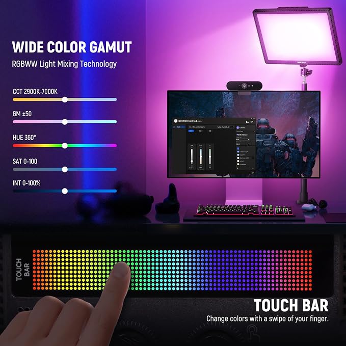 NEEWER GL1C RGB 15.5" Key Light, 48W Edge Lit Soft LED Video Panel Streaming Gaming Lighting with 2.4G PC/Mac iOS/Android APP/WiFi/Stream Deck Control, Touch Bar, 2900K-7000K, Music Sync, 18 Scenes - Image 4