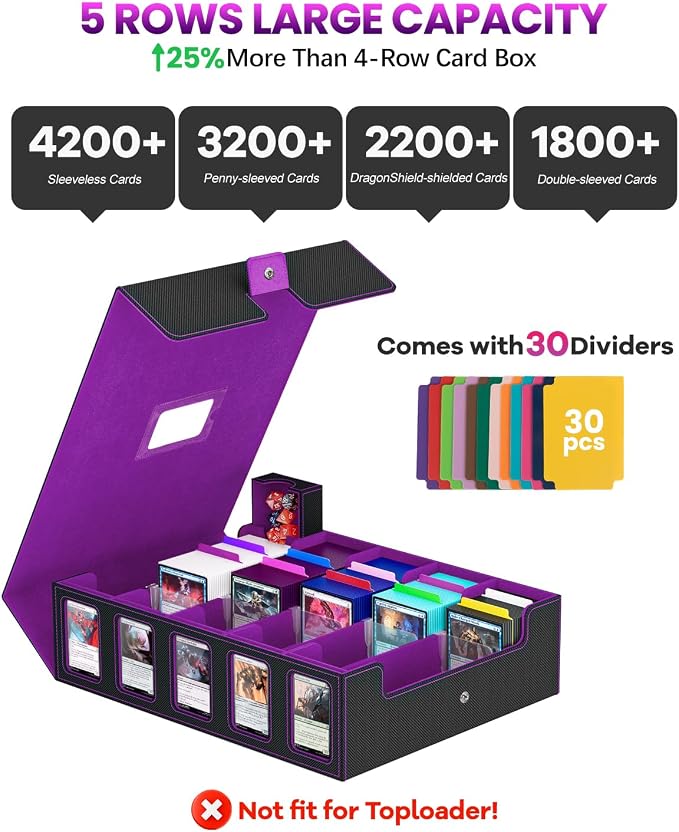 5 Row Trading Card Storage Box, Fit 4200+ Sleeveless Cards, Black & Purple | Large Capacity, Portable Handle, Include 30 Divider, 8 Supporters, 1 Dice Tray, Compatible for MTG/TCG/Magic Sports Cards - Image 2