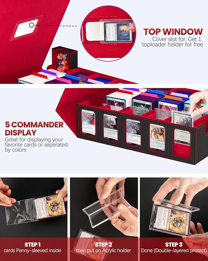 5 Row Trading Card Storage Box, Fit 4200+ Sleeveless Cards, Black & Red | Large Capacity, Portable Handle, Include 30 Divider, 8 Supporters, 1 Dice Tray, Compatible for MTG/TCG/Magic Sports Cards - Image 3