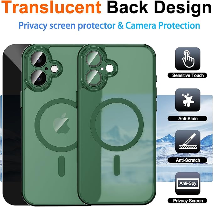 for iPhone 17 Case with Privacy Screen Protector, Green | Full Camera Protection, Magnetic, Compatible with MagSafe, Translucent Matte Shockproof Phone Protective Cover for iPhone 17 - Image 2