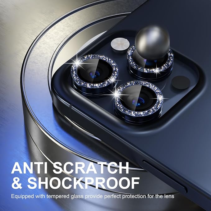 Choiche for iPhone 15 Pro/iPhone 15 Pro Max Camera Lens Protector | Ultra HD, Bling 9H Tempered Glass Camera Cover Screen Protector Metal Ring Decoration Accessories (Glitter-Blue) - Image 3