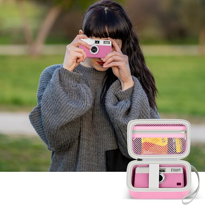 Film Camera Case for Kodak EKTAR H35 H35N Half Frame Film Camera | Camera and 35mm Film Rolls Storage, Mesh Pocket for Small Accessories, Travel and Home Organization; Large, Pink, Case Only - Image 6