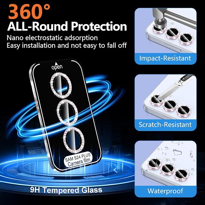 for Samsung Galaxy S24 Plus Camera Lens Protector, Individual Metal Ring Tempered Glass Lens Cover, [Strong Adsorption] Scratch Resistant Ultra-Thin HD Clear Lens Cover, 1 Set-Pink Diamond - Image 2
