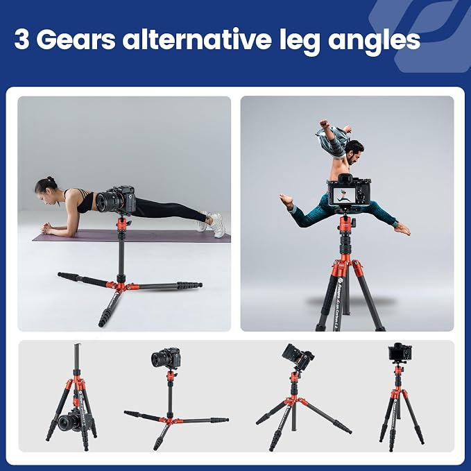 Fotopro 62" Carbon Fiber Travel Tripod, Lightweight Compact Camera Tripod with Ball Head, Detachable Monopod with Arca-Swiss Release Plate and Bag, Load up to 8KG/17.63lbs, Weighs only 2lb. Orange - Image 7