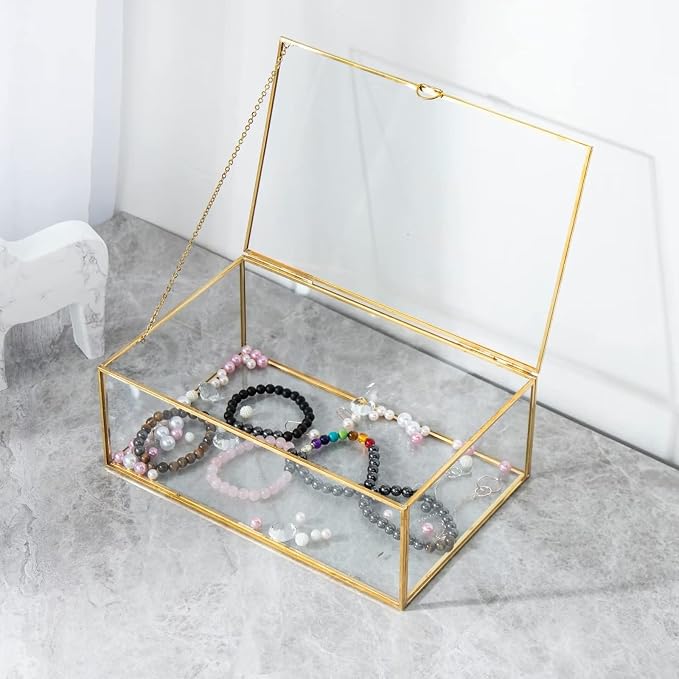 10.8” Glass Jewelry Box Gold Card Box with Hinged Lid, Gold Keepsake Box for Storage Wedding Card, Trinkets, Photo and More, Cute Glass Box for Women and Girl,Vintage - Image 6
