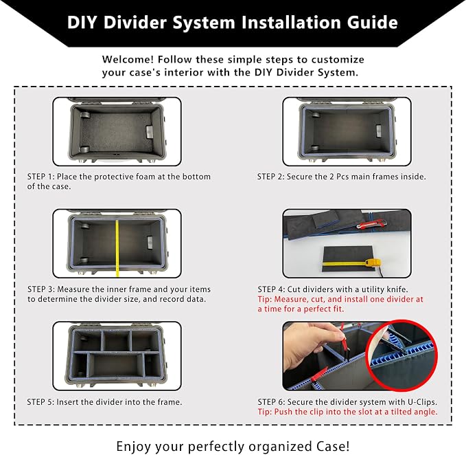 LAFENLIN DIY Divider System for Pelican V525 Case, U-Clips & Red Tabs | Professional Divider with U-clips & Red Pull Tabs, Utility Knife.Customizable for Tools,Cameras,Medical,Tactical Gear-NO CASE - Image 3