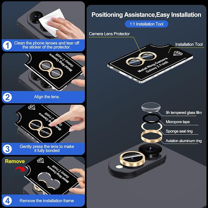 for Samsung Galaxy Z Fold 8 Camera Lens Protector, Individual Metal Ring Tempered Glass Lens Cover, [Strong Adsorption] Scratch Resistant Ultra-Thin HD Clear Lens Cover, 1 Set-Gold - Image 7